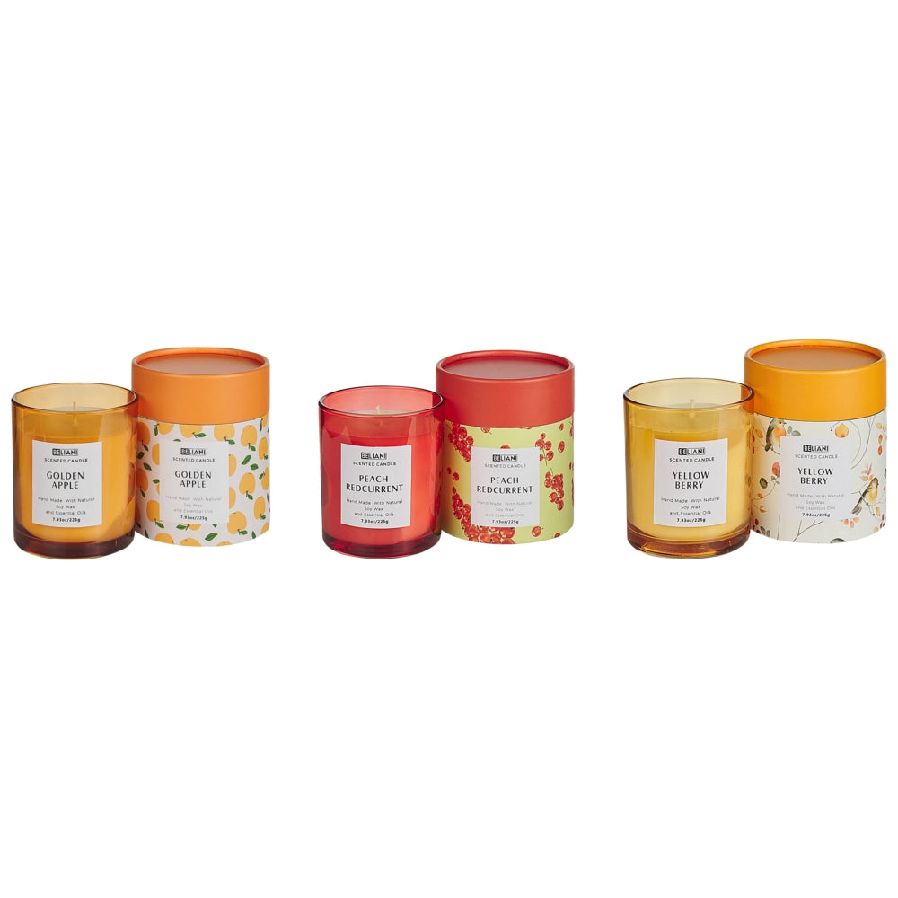 Set di 3 candele profumate multicolore 100% cera di soia stoppino di cotone vetro fragranza floreale erbe orientali ribes rosso/bacche gialle/mela dorata