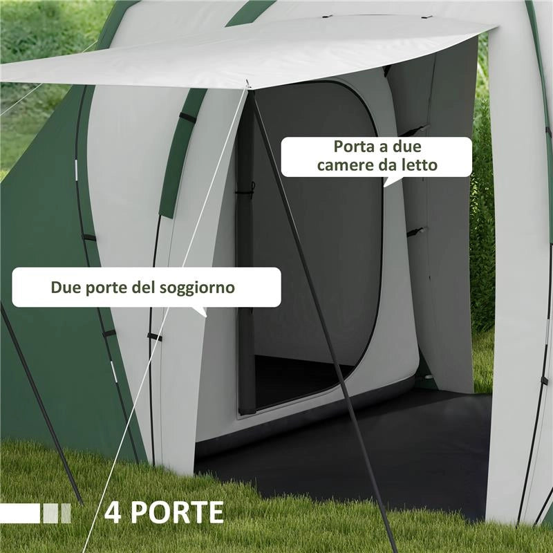 TENDA DA CAMPEGGIO 4-6 PERSONE CON 2 CAMERE IN POLIESTERE E FIBRA DI VETRO 555X225X190 CM GRIGIO E VERDE