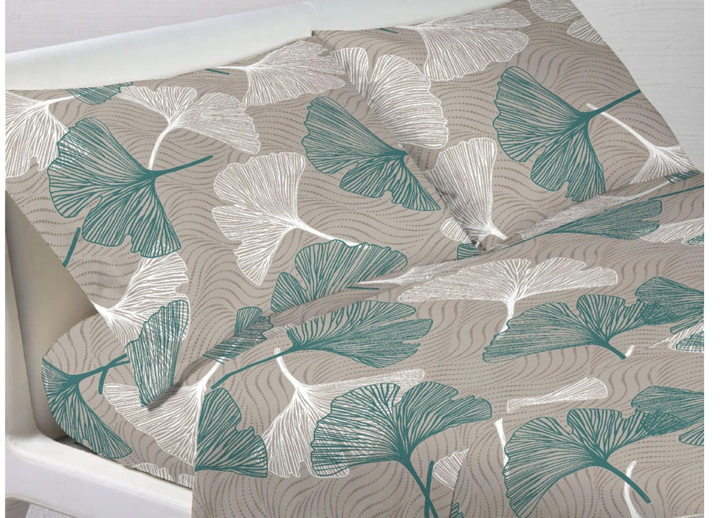 Completo Lenzuola Letto Morbida Flanella 100% Cotone Dis. Ginko - Maxi - Verde