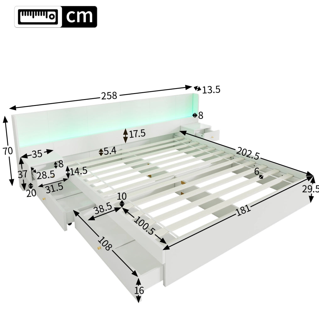 Letto matrimoniale 180x200 in MDF bianco con USB， LED e vani， senza materasso