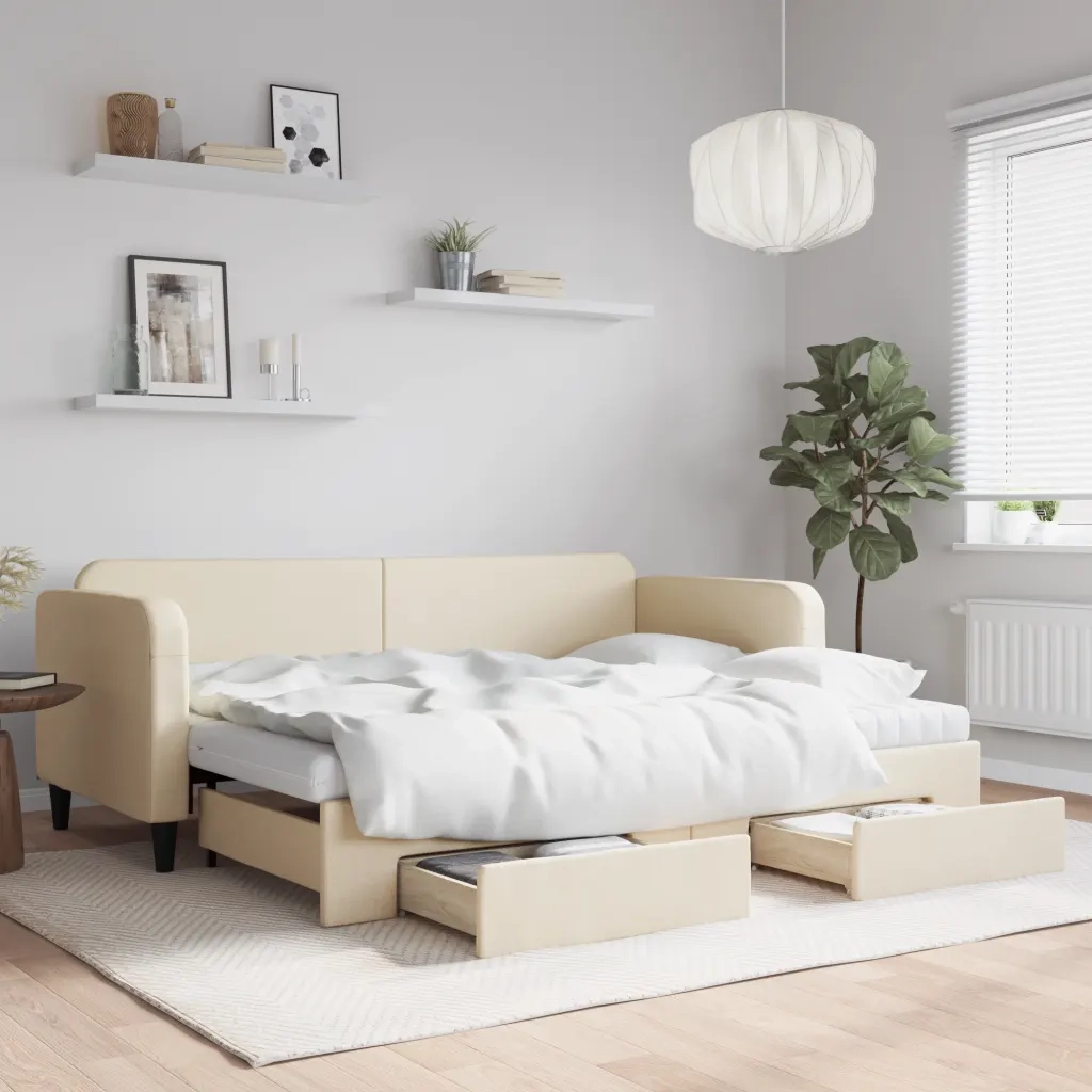 Divano Letto Estraibile con Cassetti Crema 80x200 cm in Tessuto 3196869