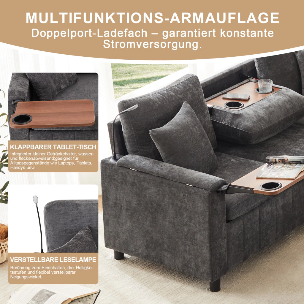 Divano angolare convertibile con funzione letto, usb e type-c, pouf contenitore in chenille grigio 205 × 205 × 85 cm
