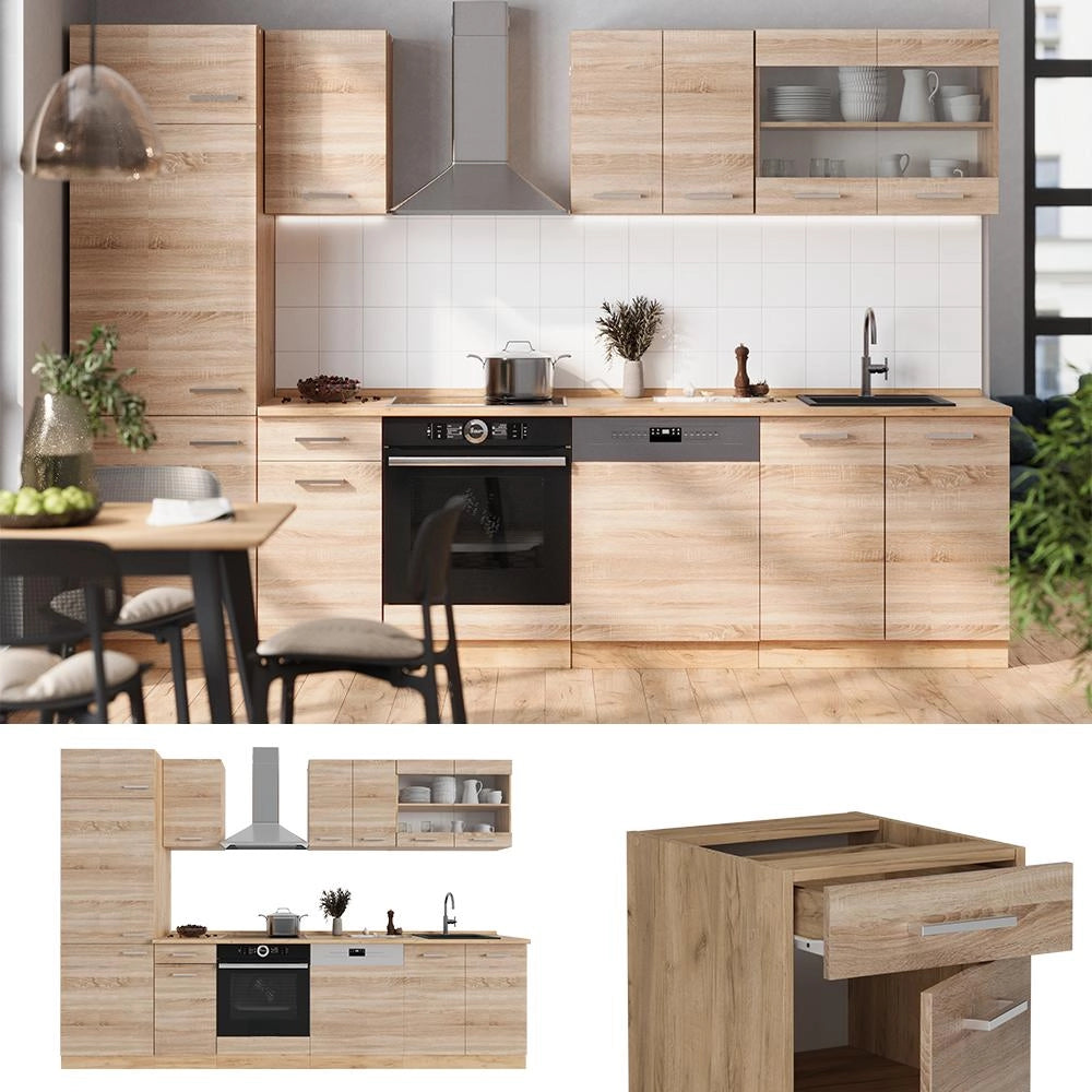 Cucina componibile R-Line Sonoma/Rovere dorato 300 cm senza piano di lavoro Vicco