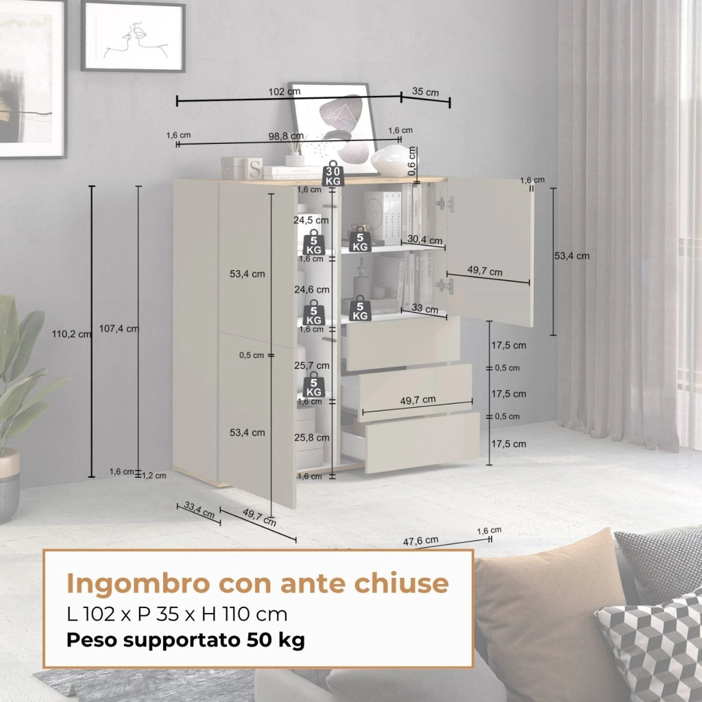 WHOUS Credenza Garda a 3 ante e 3 cassetti tortora opaco e rovere 102x35x110 cm