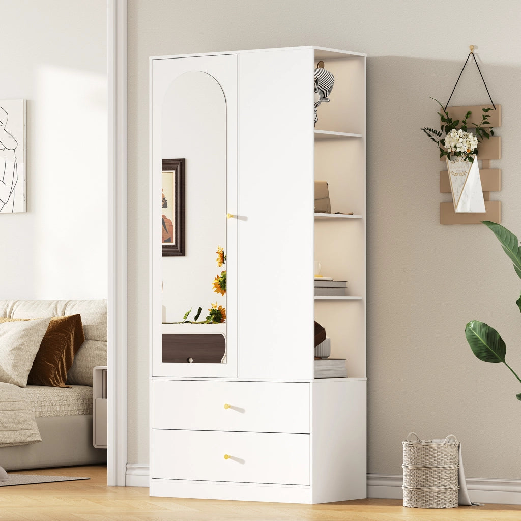Armadio con specchio a 1 anta, 2 cassetti e 4 ripiani, 80 x 40 x 180 cm, bianco