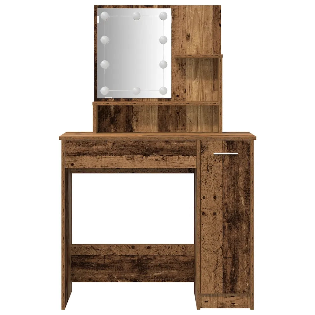 Set Tavolo da Toeletta | Tavolo da Trucco con LED Legno Antico Legno Multistrato