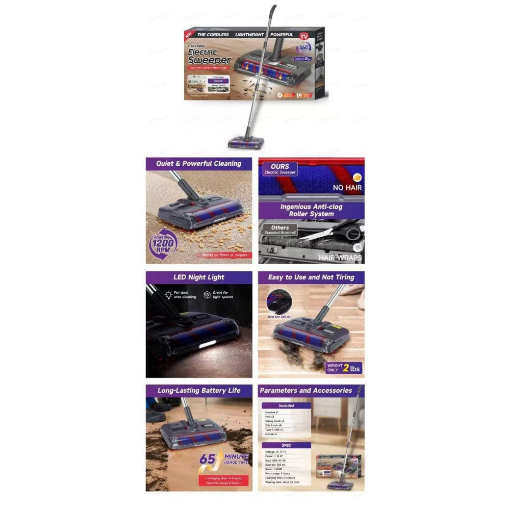 Trade Shop - Scopa Elettrica Rotante Senza Fili Con Batteria Potente Leggera Silenziosa Snodabile -
