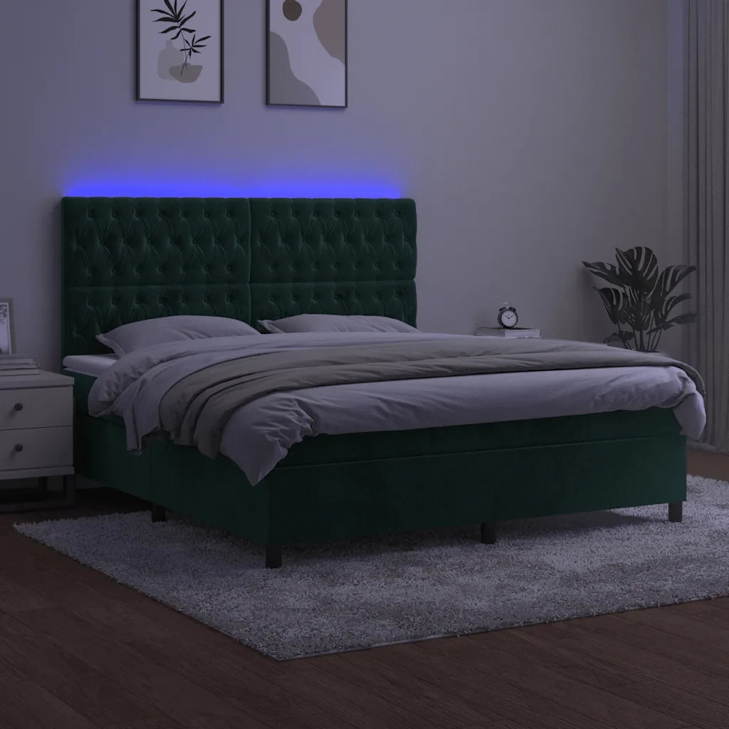 Letto a Molle con Materasso e LED Verde Scuro 160x200cm Velluto 3136314