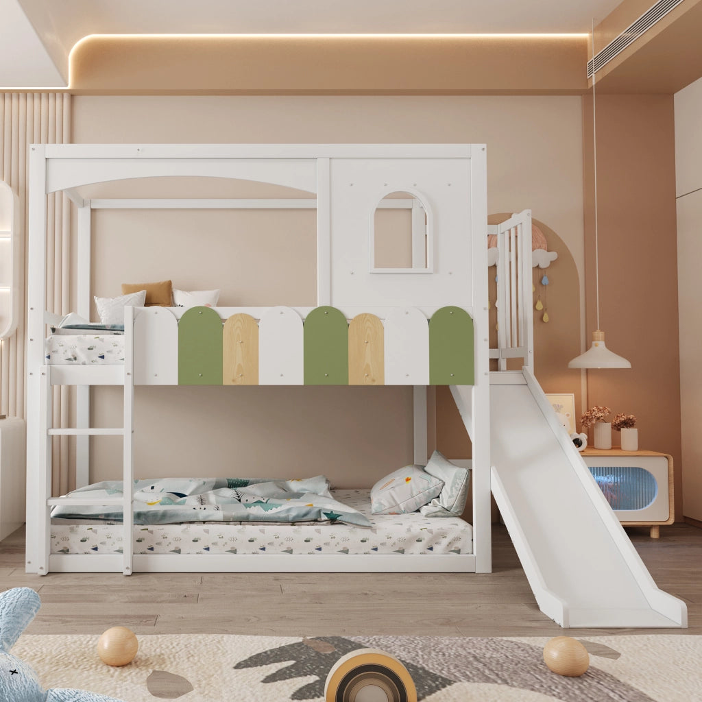 Letto a Castello Letto Singolo 90x200 cm con Rampa; Scala; Finestre; in Legno; Bianco
