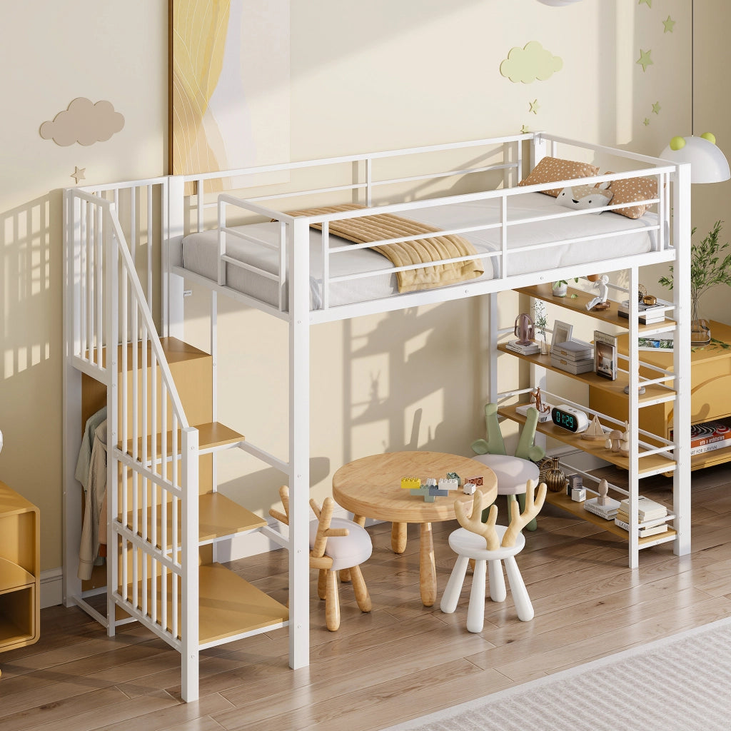 Letto a soppalco 90x200 cm bianco in metallo e MDF con scala contenitore e armadietto