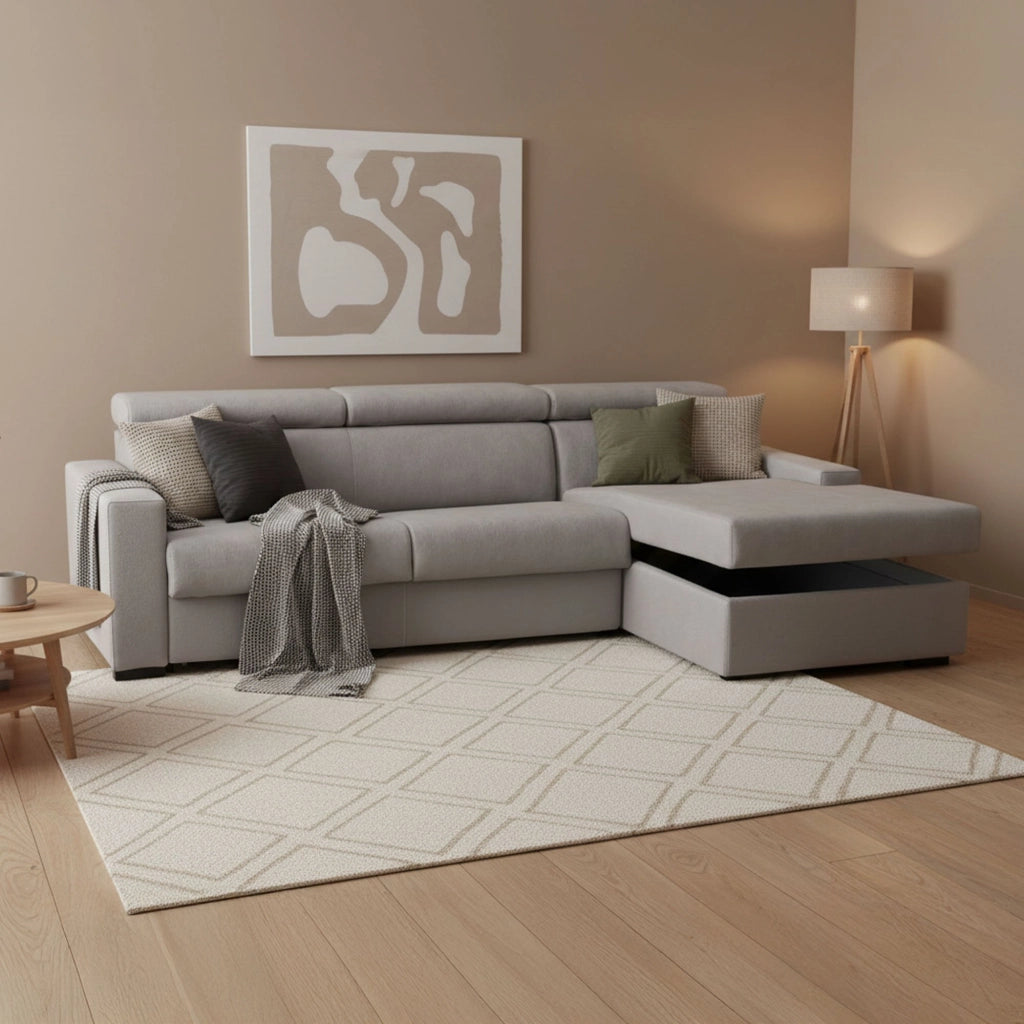 Divano Letto Allevatore, Divano ad angolo, Made in Italy, SofÒ  con apertura girevole, con Penisola contenitore Destra, con Braccioli standard, cm 280x95h85, Grigio