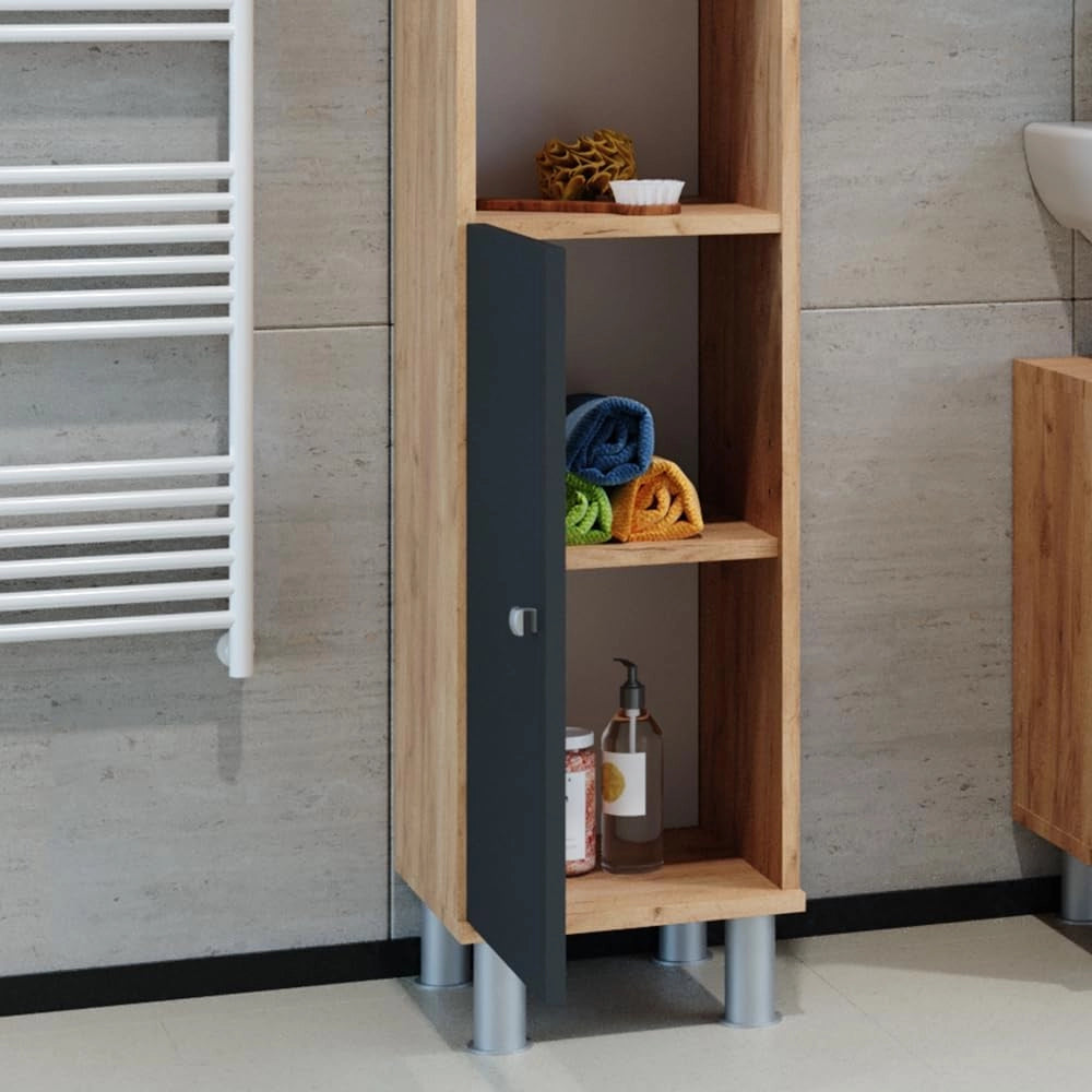 Mobile bagno alto Fynn, Rovere, 30 x 190 cm, per la conservazione di articoli da bagno e asciugamani