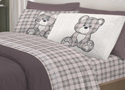 Completo Lenzuola Flanella Pensieri Delicati 100% Cotone Disegno Orsetto Tartan - Singolo - Grigio