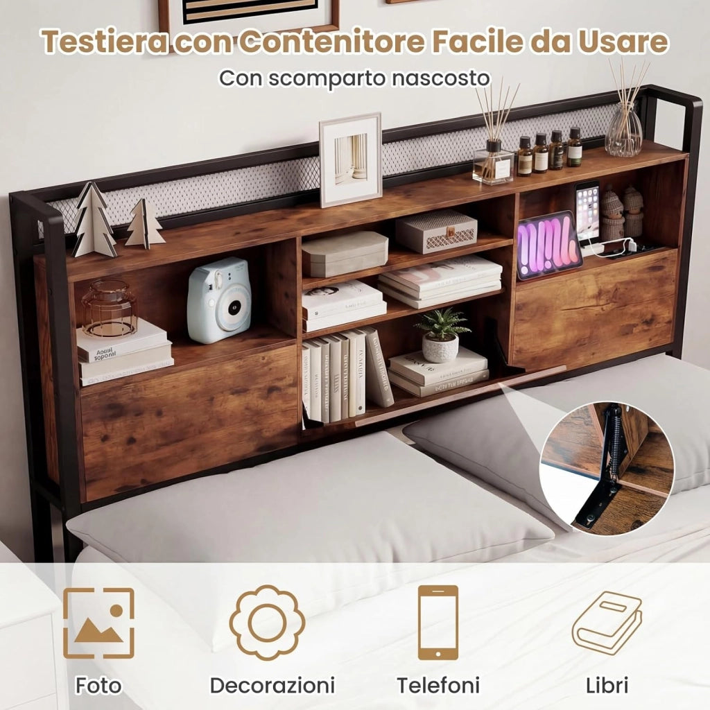 Struttura Letto con Testiera, Letto con 4 Cassetti e Doghe Robuste in Metallo, Letto a Piattaforma con Prese, Silenzioso, Carico Massimo 300kg (160 x 200 cm)