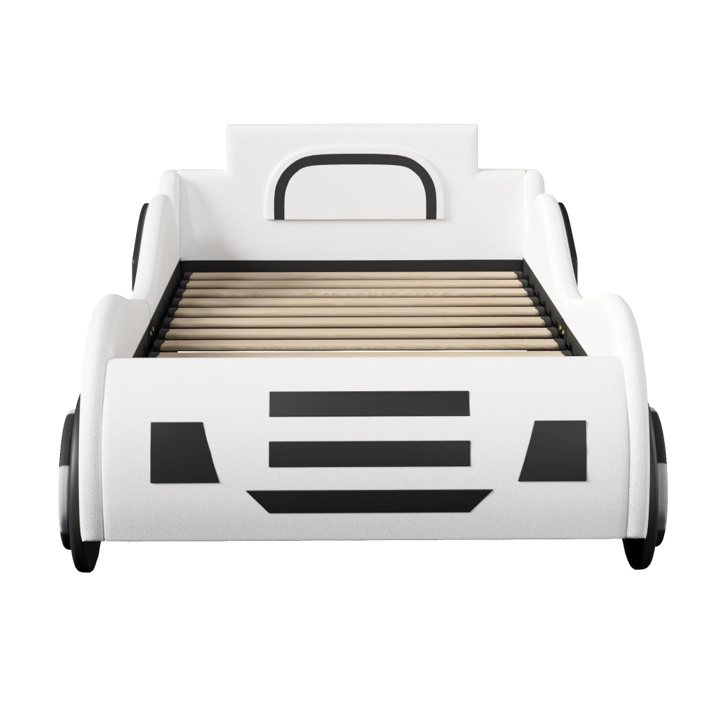 Letto auto per bambini 90 x 200 cm con rete a doghe e contenitore idraulico; MDF e PU; bianco