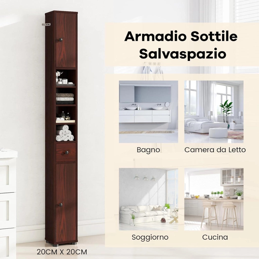 Mobile Bagno Alto Stretto, Mobiletto Colonna Salvaspazio con 1 Cassetto, 5 Ripiani Regolabili e Struttura Antiscivolo, Mobile a Terra per Ingresso, 20 x 20 x 180 cm (4 Ripiani, Marrone)