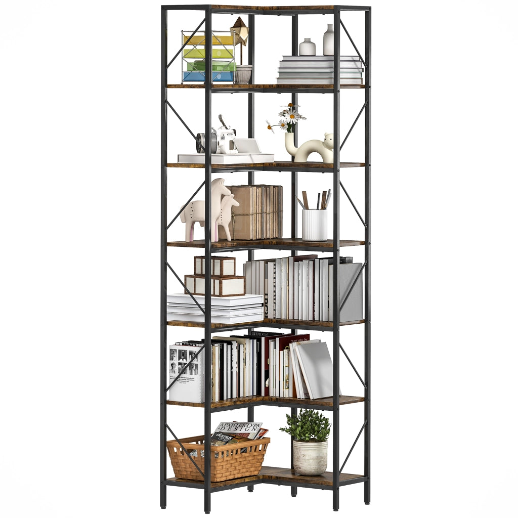 Libreria Angolare Industriale a 7 Livelli, in Legno e Acciaio, 60x60x198 cm, Marrone Rustico