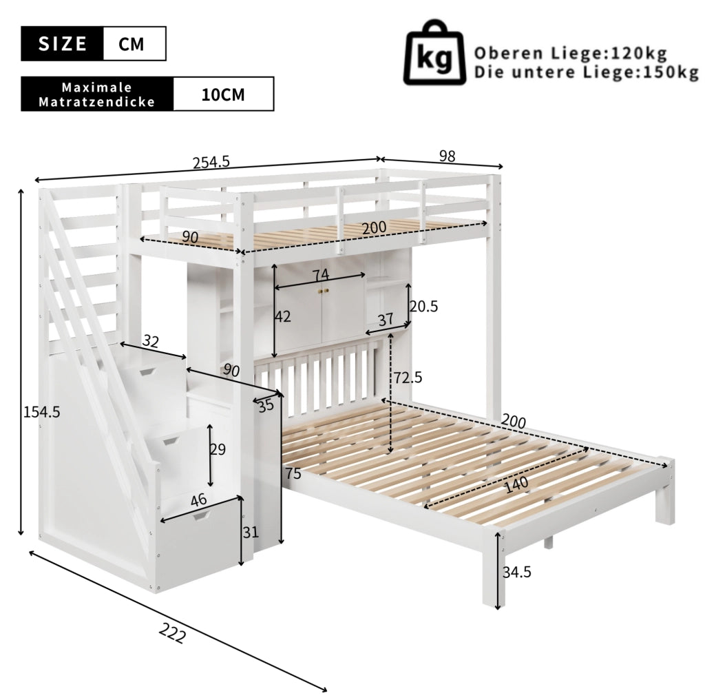 Letto a castello con contenitore 90x200 cm + 140x200 cm; in legno massiccio e MDF; bianco