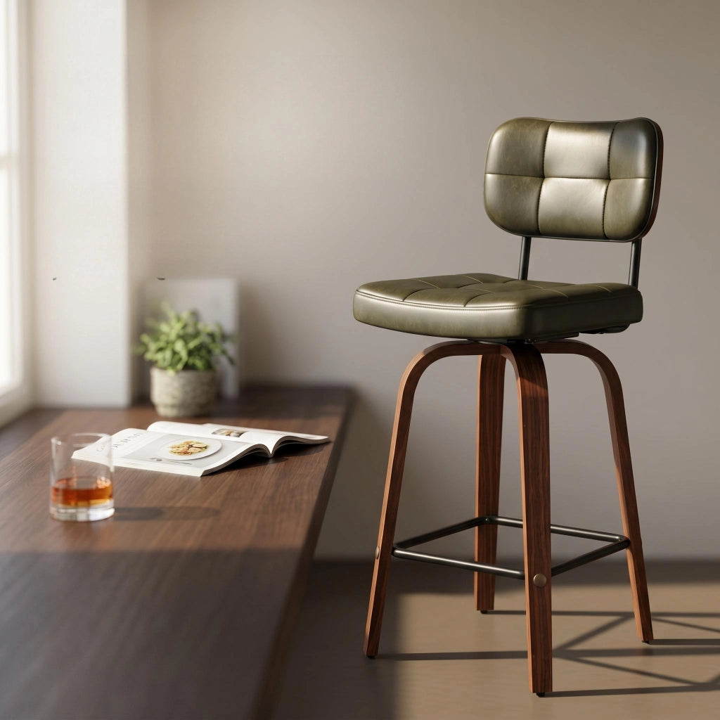 Sgabello da bar girevole con schienale ergonomico e rivestimento in PU, struttura in metallo e legno verde