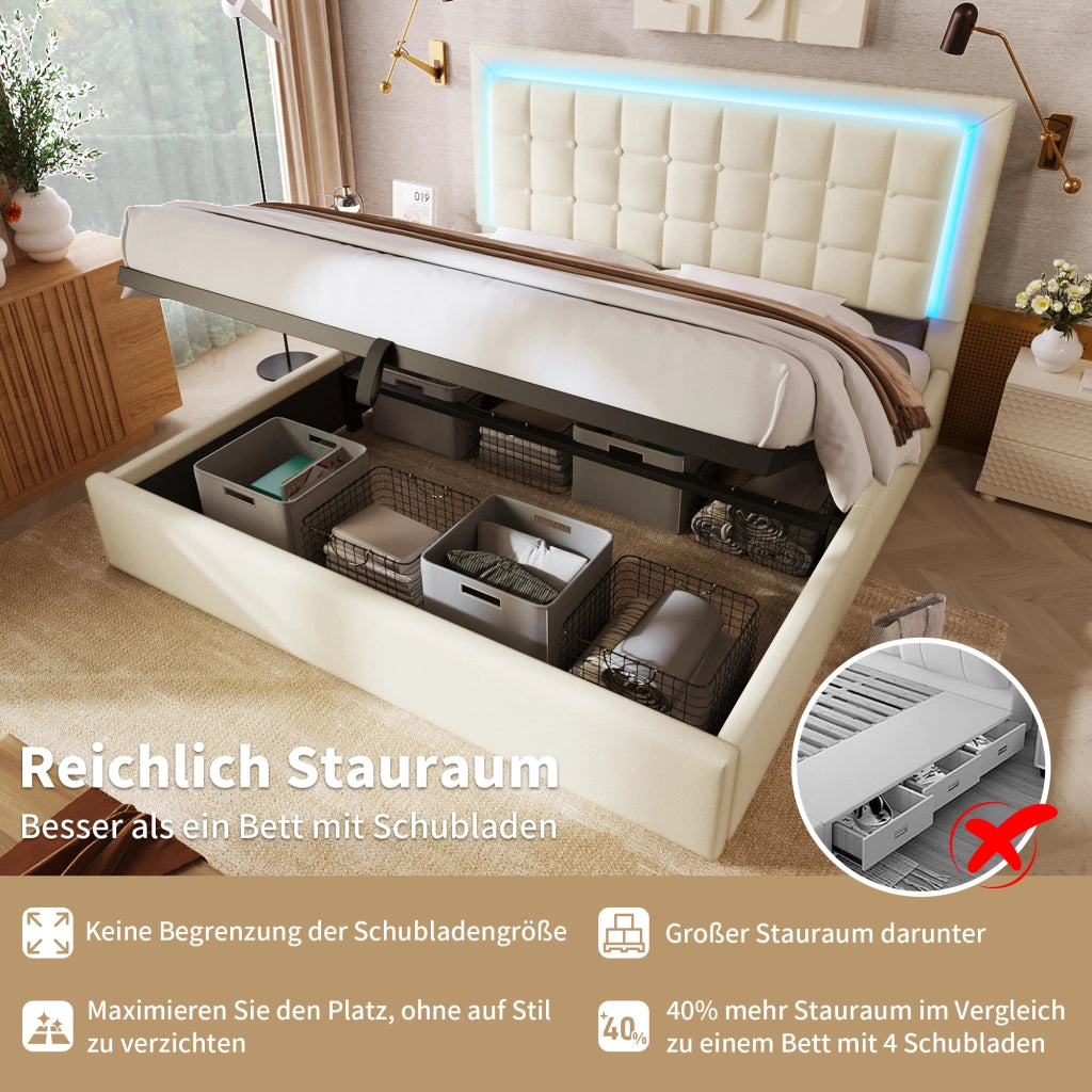Letto contenitore matrimoniale 160 × 200 cm con LED, vano idraulico, con materasso, bianco
