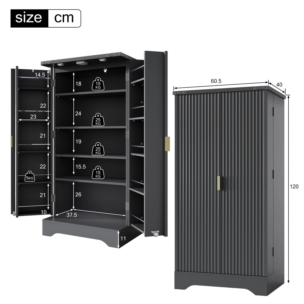 Credenza alta 120x60.5x40 cm con luce LED a sensore e ripiani regolabili in MDF nera