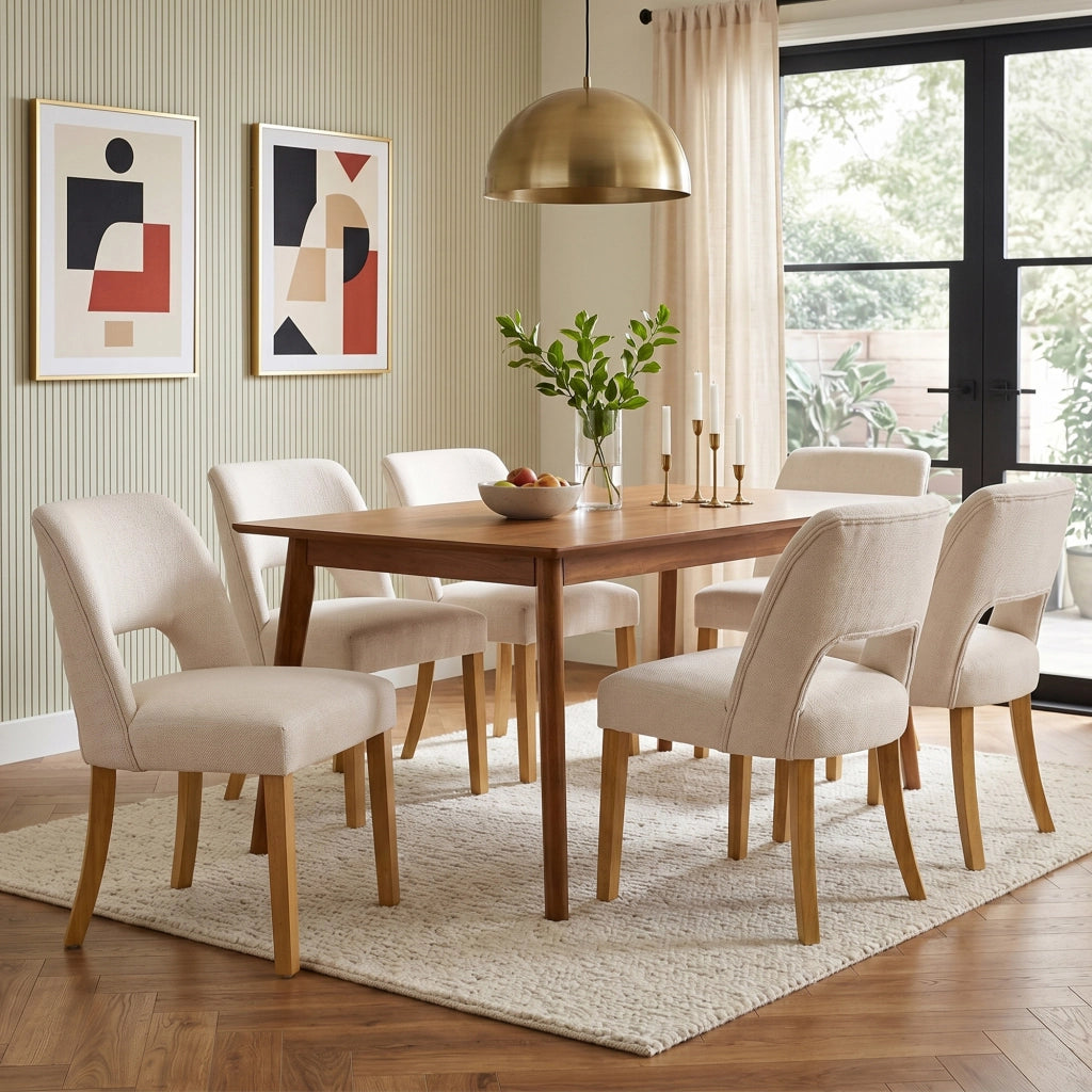 Sedie da Pranzo ¨C MINIMAL ¨C Tessuto Lino, Gambe in Legno Massello, Beige, Set 6 Pezzi