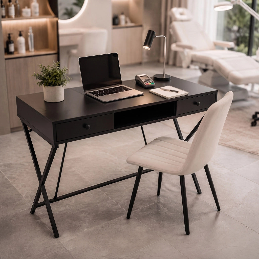 Scrivania PC industriale Nero CROSSLINE 120 cm 2 cassetti 1 ripiano gambe nere