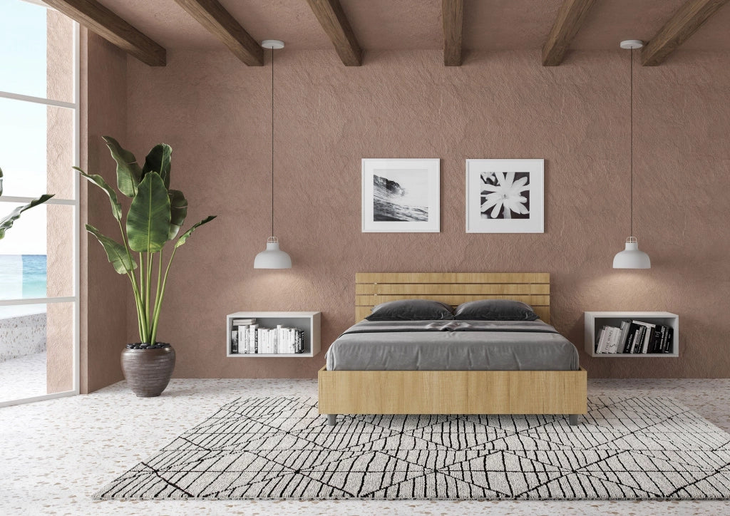 Letto Matrimoniale Francese 140x190 cm Senza Rete Ankel Testata Doghe Inclinata Quercia