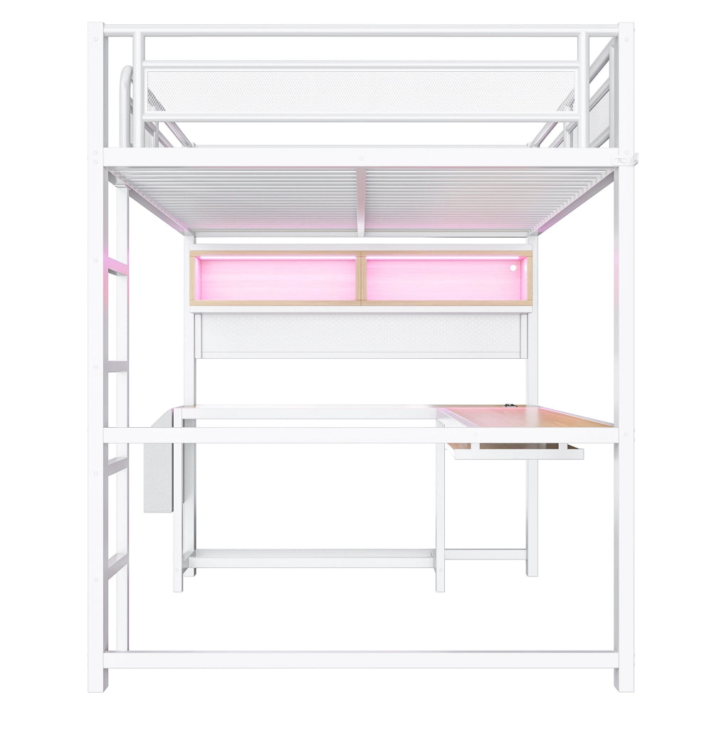 Letto a soppalco 140x200 cm con scrivania; LED e stazione di ricarica in MDF e metallo bianco