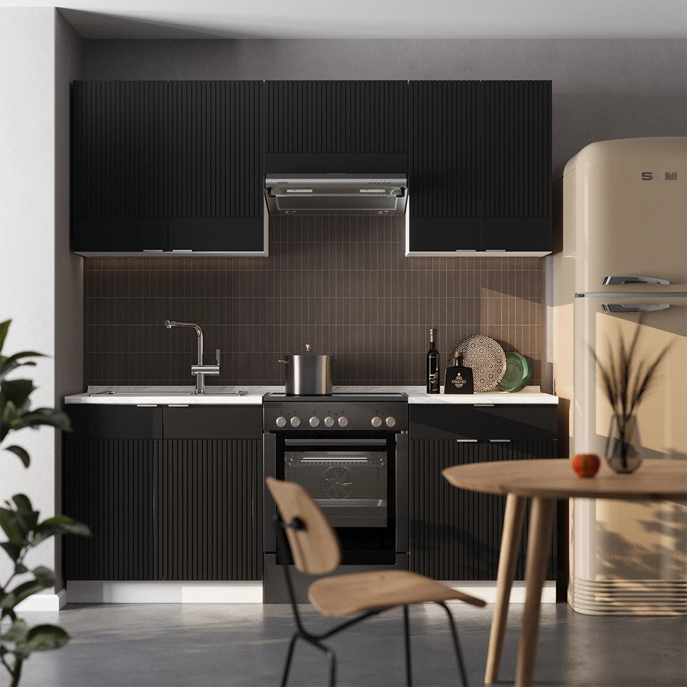 Cucina componibile Fame-Line Nero rigato/Bianco 200 cm, PL Rovere Vicco