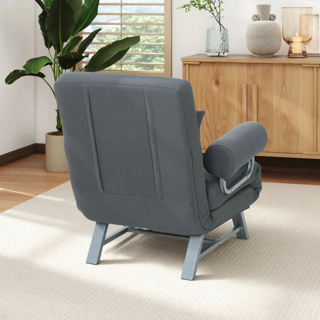 Poltrona Letto 3 in 1 con Schienale Reclinabile su 5 Livelli 73x78x81 cm in Tessuto Effetto Lino Grigio Scuro