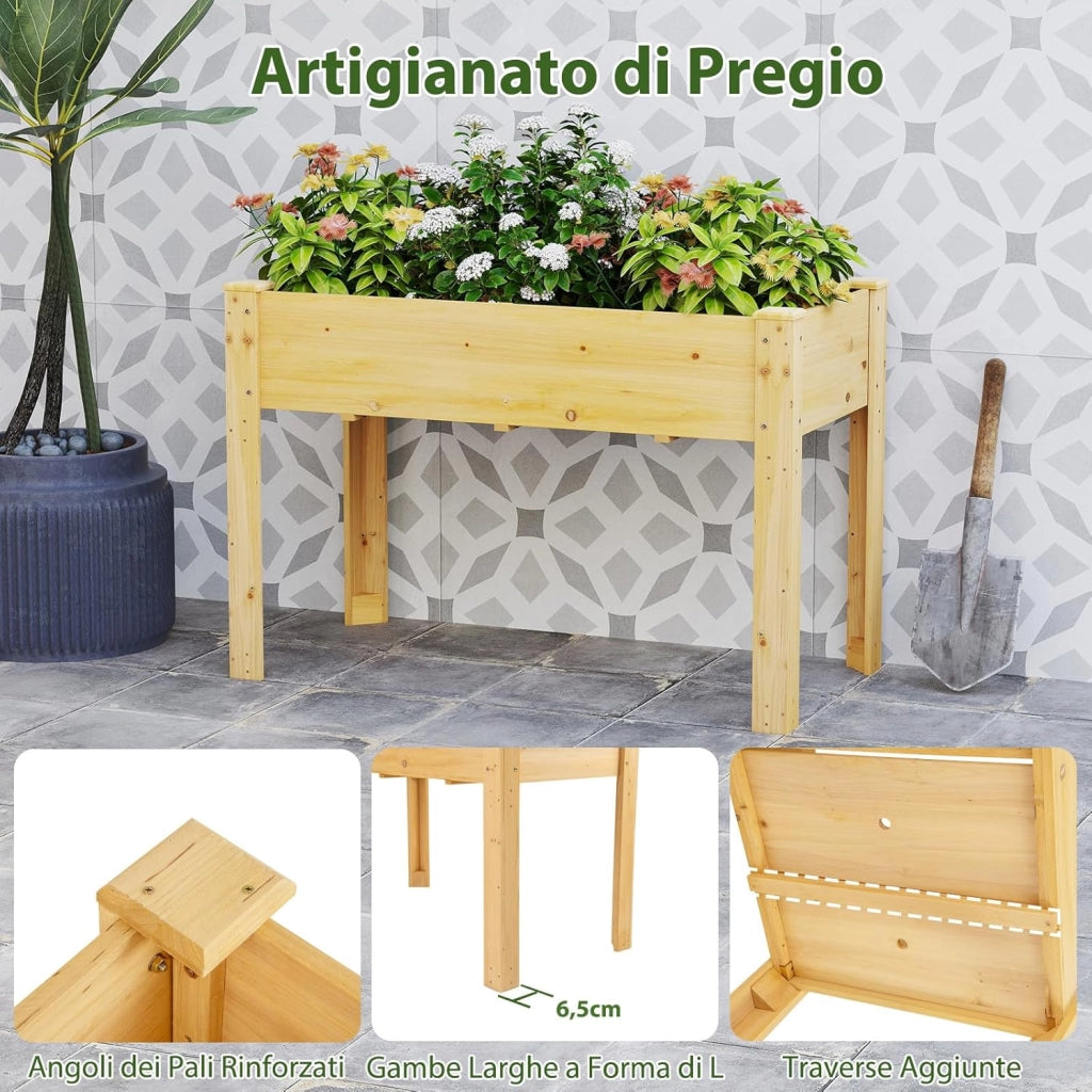 Letto per Orto Rialzato da Esterno in Legno di Abete, Fioriera Rialzata con Fori di Drenaggio, Letto per Piante Urbano da Giardino e Patio, 120 x 60 x 82 cm (Naturale)