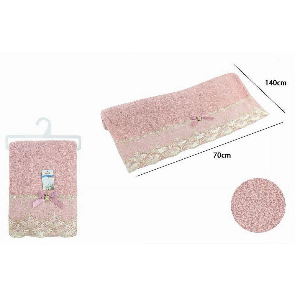 Trade Shop - Asciugamano Da Bagno Telo In Cotone Morbido Decorato 70 X 140cm 380gr Rosa 79507 -