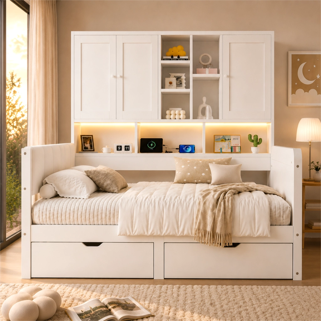 Letto a divano a L 140x200 cm con vani portaoggetti, 2 cassetti, ripiani, LED, presa USB e testiera imbottita in PU, legno bianco