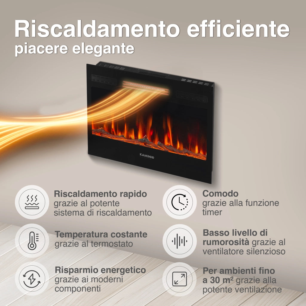 KAMINIO Camino elettrico MARLON - Camino elettrico 3 in 1 con riscaldatore, effetto fiamma 3D, 12 colori di fiamma, telecomando - 30 pollici