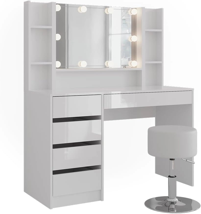 Tavolo da toeletta Sherry, Bianco/bianco lucido, 119.8 cm 5 parti