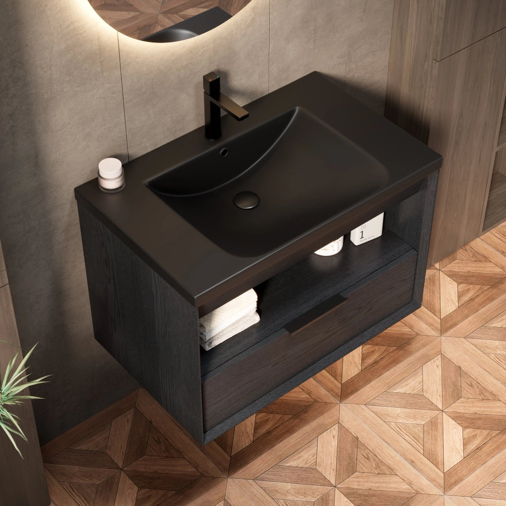 Mobile sottolavabo sospeso con lavabo integrato in ceramica nera, cassetto e ripiano aperto per bagno