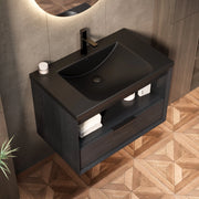 Mobile sottolavabo sospeso con lavabo integrato in ceramica nera, cassetto e ripiano aperto per bagno