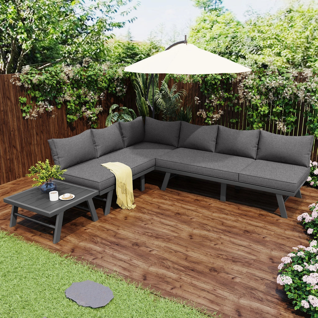 Set Divano da Giardino 5-6 Posti ¨C MINIMAL ¨C 2 Divani 3 Posti, Tavolo, 7 Cuscini Grigi, Ferro Antracite