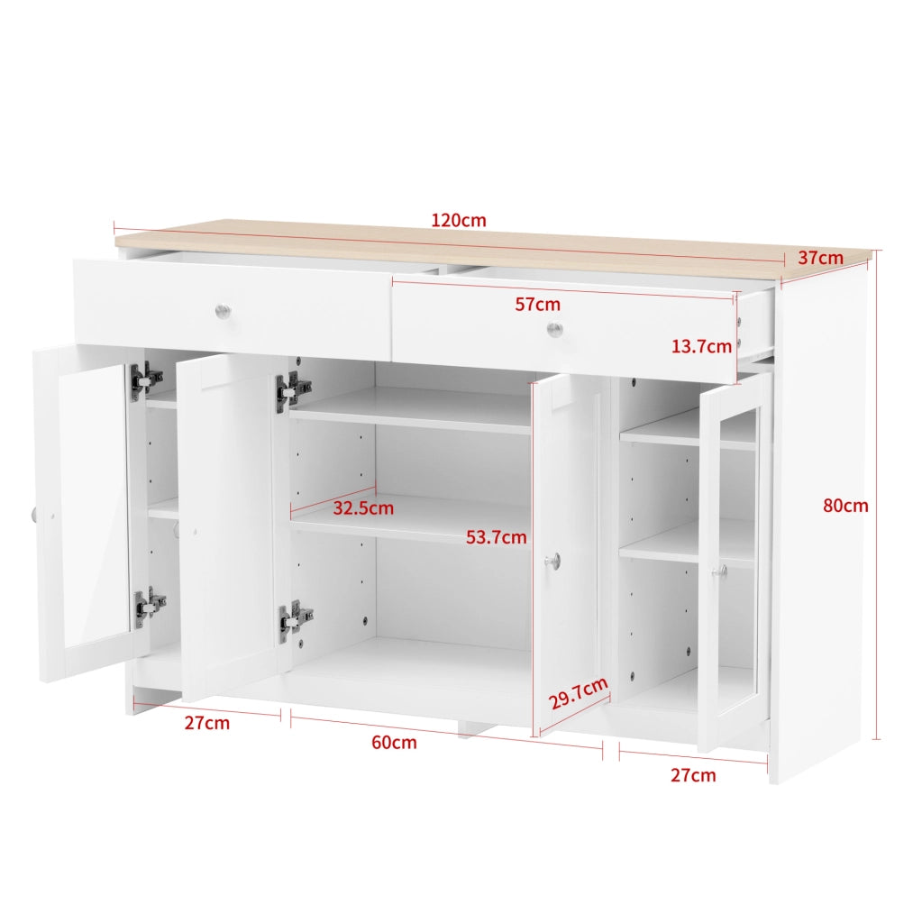 Credenza 120x37x80 cm con 4 ante; 2 cassetti e ripiani regolabili; MDF bianco