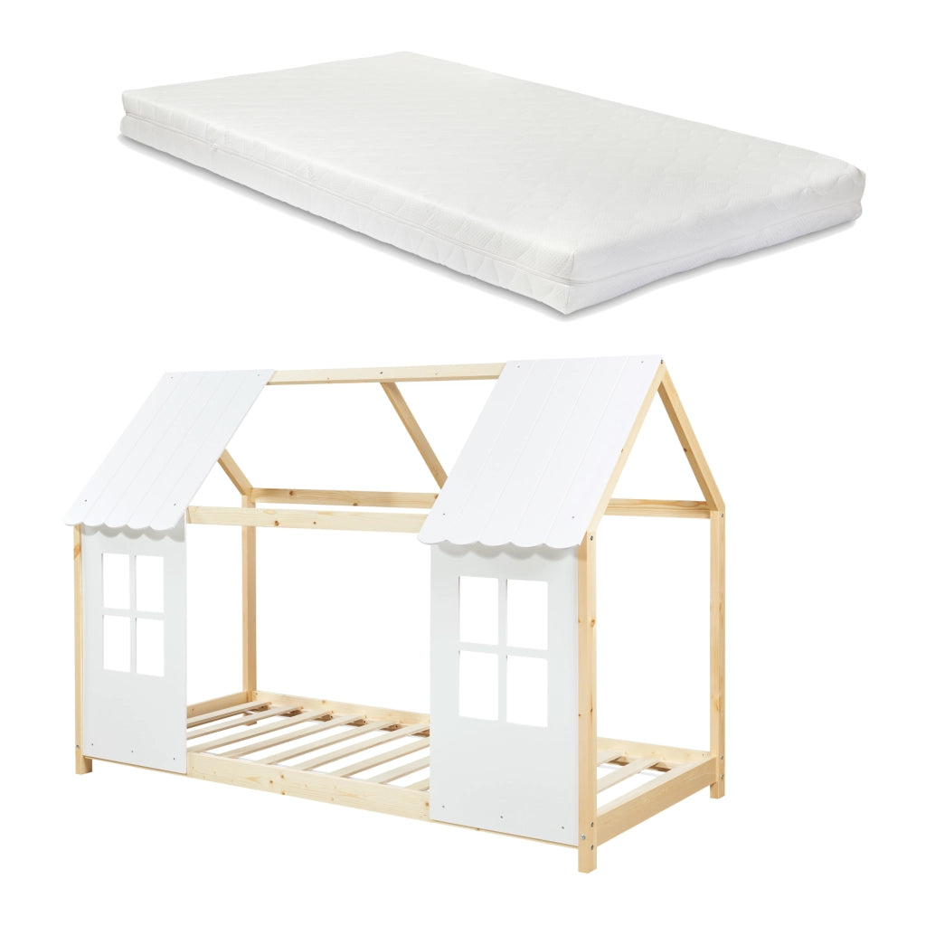 Letto Tostedt per Cameretta a Forma di Casetta con Materasso 90 x 200 Naturale / Bianco [en.casa]
