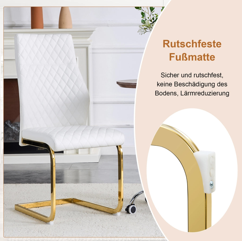 Set tavolo rotondo in vetro temperato e sedie bianche con struttura dorata