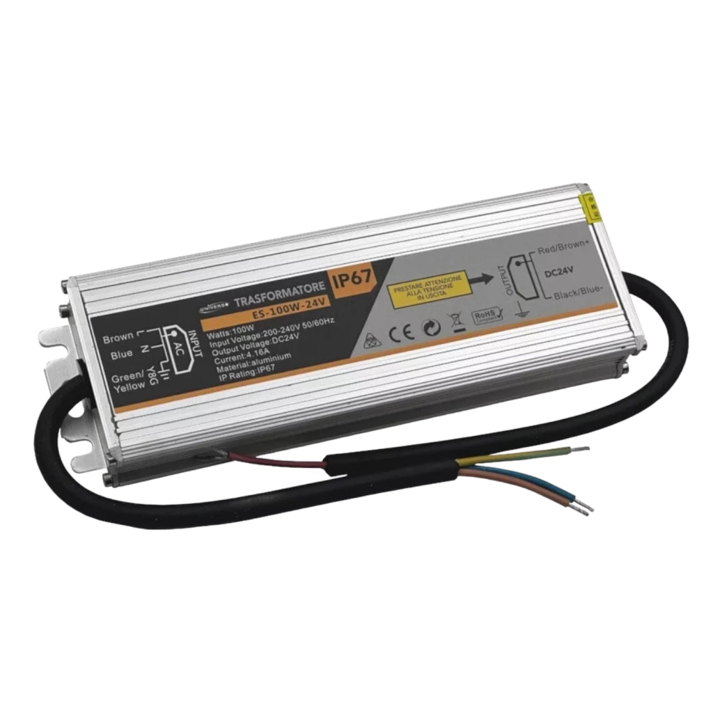 ALIMENTATORE TRASFORMATORE DA ESTERNO METALLICO STABILIZZATO SWITCHING IMPERMEABILE IP67 220V-24V 4.1A DA 100W