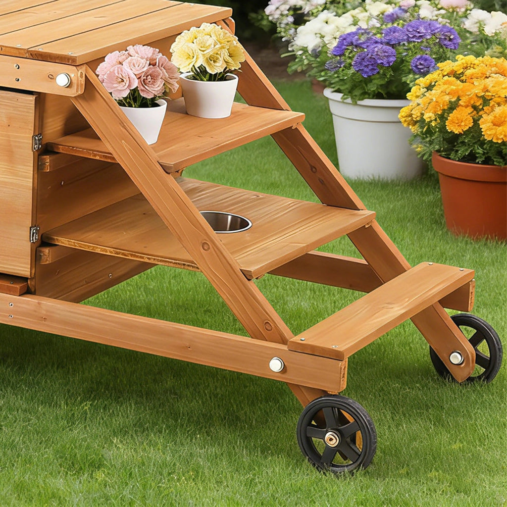 Cucina da gioco da esterno in legno naturale con ruote, forno magnetico e accessori per bambini da 3 anni
