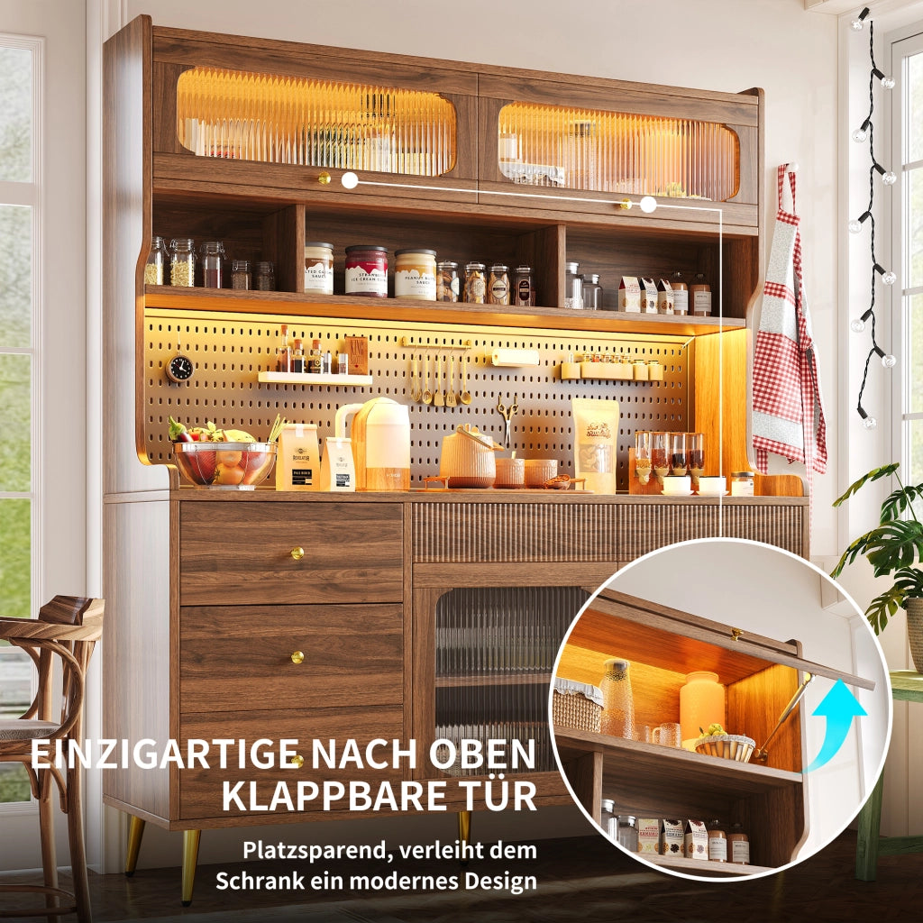 Credenza alta con LED e controllo da app, porta a ribalta, 2 ante e vani interni, per soggiorno e cucina, noce