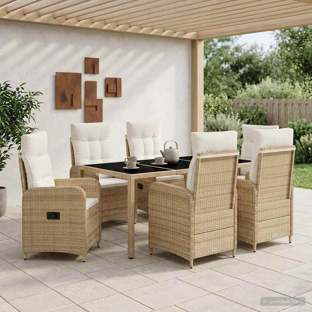 Set da pranzo per esterni 7 pz Beige e Bianco Crema polyrattan 3422344
