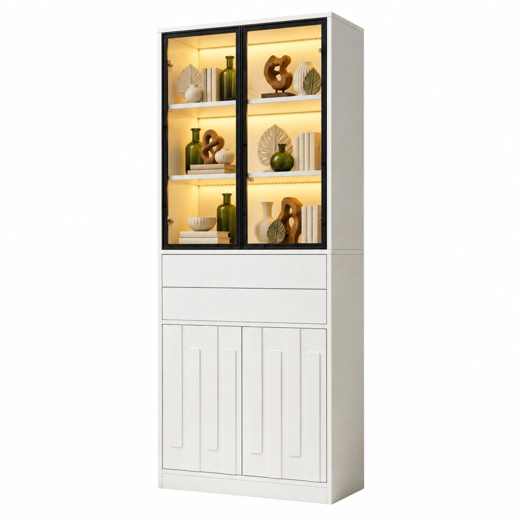 Vetrina alta ULEVR 70x34x180 cm con 4 ante, 2 cassetti, LED Bluetooth e ripiano regolabile, bianca