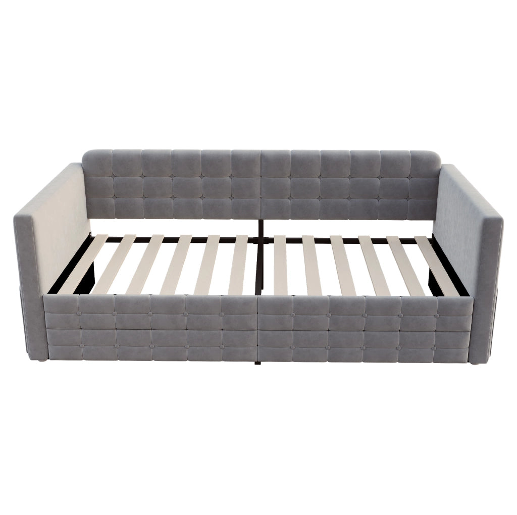 Letto imbottito 90x190 cm con testiera trapuntata, tasche laterali e 2 cassetti