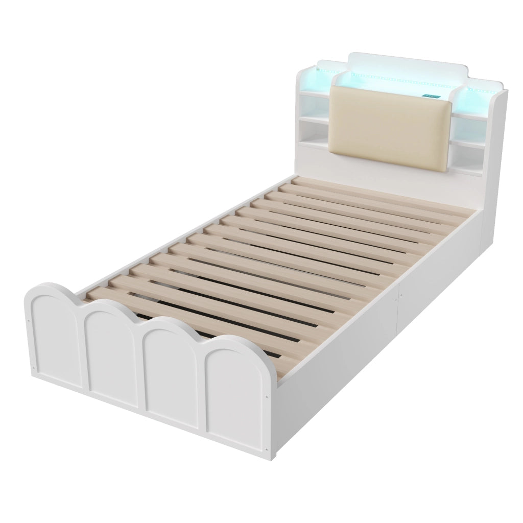 DESMIU Letto contenitore 90 × 200 cm 1 piazza con USB, Type-C, LED, vano idraulico, senza materasso, bianco