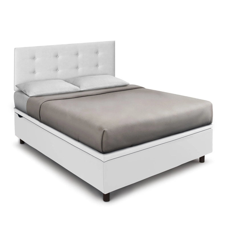 Letto imbottito Matrimoniale 180x190 cm Button - Bianco,Similpelle,Contenitore